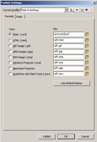Captura de primera pantalla de configuración Flash Publicar