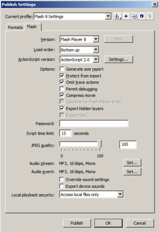 Captura de segunda pantalla de configuración Flash Publicar